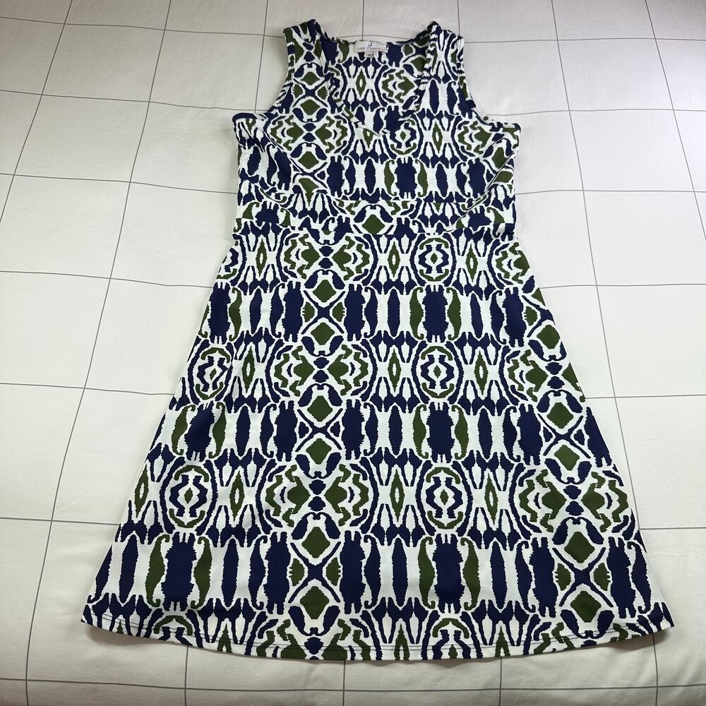 Jude Connally Dress Women Small Blue Green Fit Flare Sleeveless V Neck Geometric